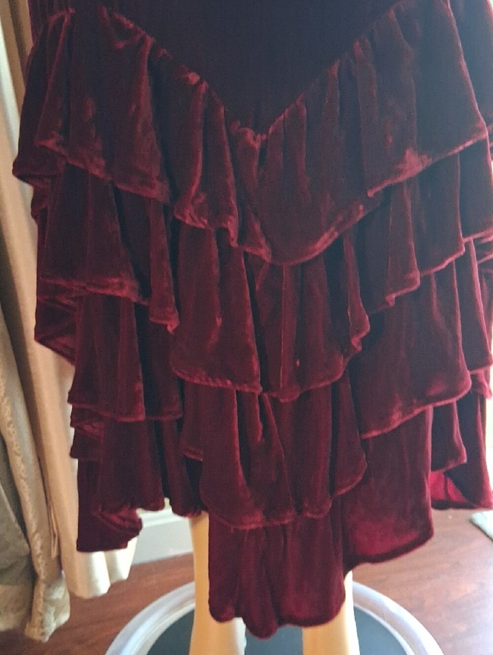 Double D Ranch Wine Red Velvet Asymmetrical Ruffle Skirt - Picture 4 of 10